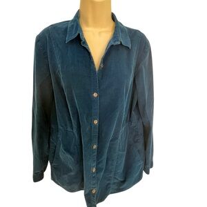 J. Jill Corduroy Top in Teal Blue Lightweight Button Up Long Sleeved
